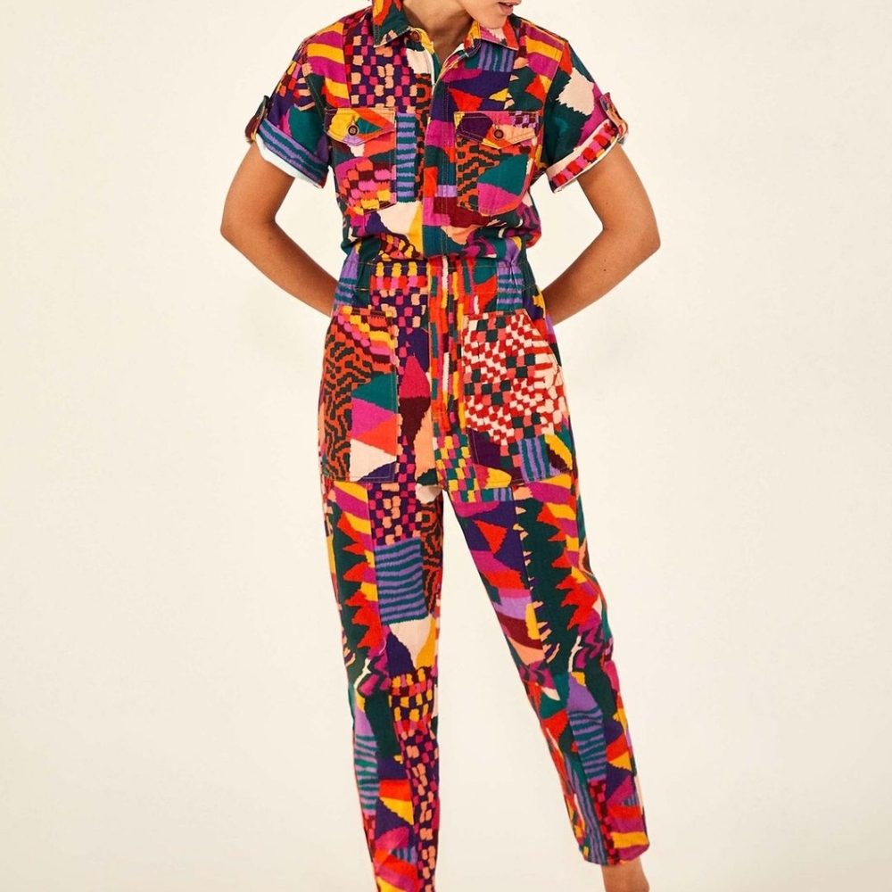 Farm Rio Canvas Jumpsuit Red Abstract Rainbow Multicolor Funky Jumpsuit